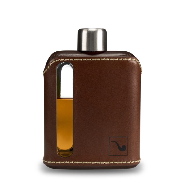 Glass Hipflask   Single Shot Dark Brown Leather   Front 768x768