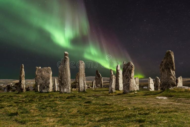 northern lights over callanish stones arrangement standing placed cruciform pattern central stone circle 105725547 768x512
